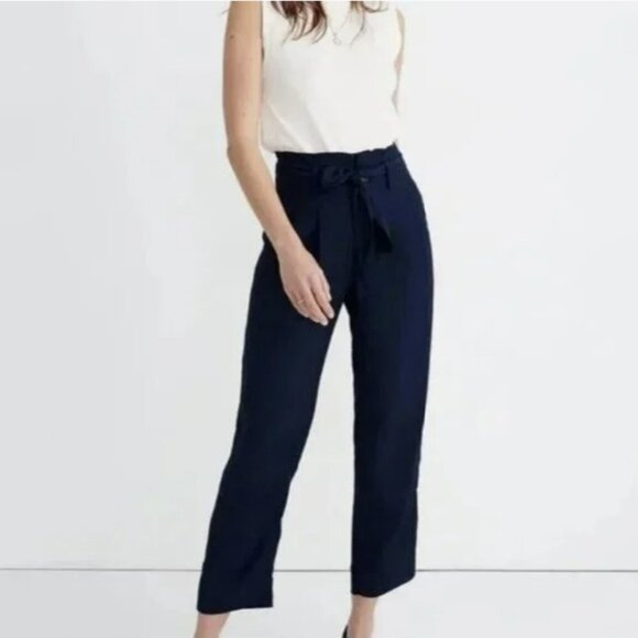 NWT Madewell Drapey Paperbag High Waist Navy Blue Tapered Pants - Size 24P - Picture 1 of 11